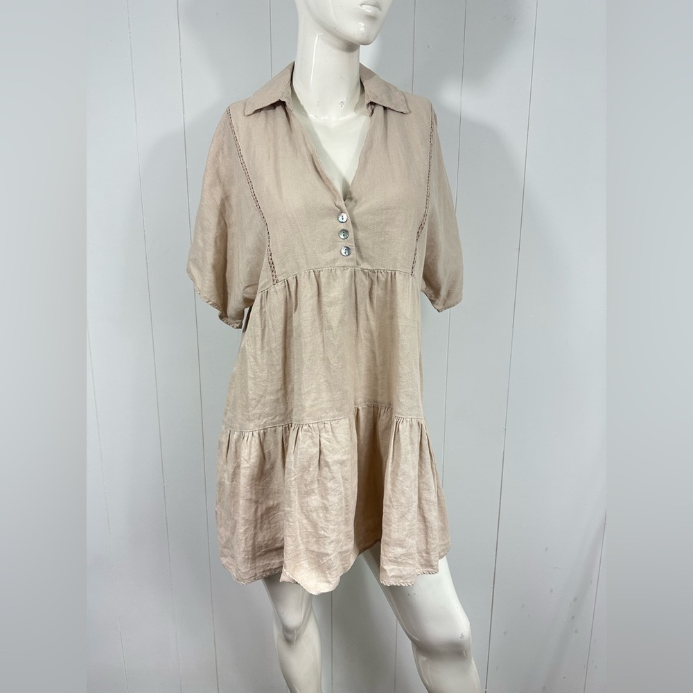 ZARA Women M Beige V neck Half Button Short Sleeve Boho Linen Blend Mini Dress